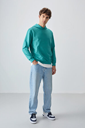 Deniz Yeşili Pamuk Dokulu Kapüşonlu Standart Fit Basic Erkek Sweatshirt - 88362 | M