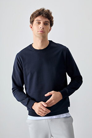 Lacivert Pamuk Dokulu Standart Fit Basic Erkek Sweatshirt - 88363 | L