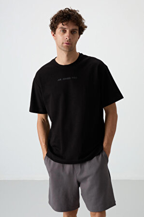 Siyah Pamuklu Kalın Yüzeyi Dokulu Oversize Fit  Baskılı Erkek T-Shirt - 88364 | XL