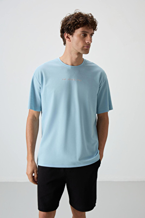 Açık Mavi Pamuklu Kalın Yüzeyi Dokulu Oversize Fit  Baskılı Erkek T-Shirt - 88364