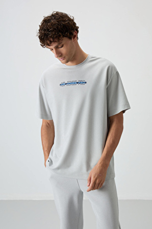 Taş Pamuklu Kalın Yüzeyi Dokulu Oversize Fit  Baskılı Erkek T-Shirt - 88365