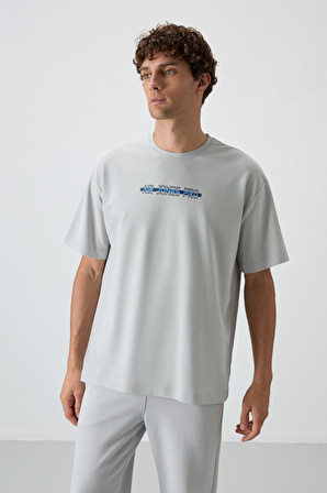 Taş Pamuklu Kalın Yüzeyi Dokulu Oversize Fit  Baskılı Erkek T-Shirt - 88365