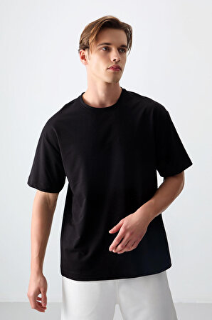 Siyah Pamuklu Kalın Yumuşak Dokulu Oversize Fit Basic Erkek T- Shirt - 88377 | XXL