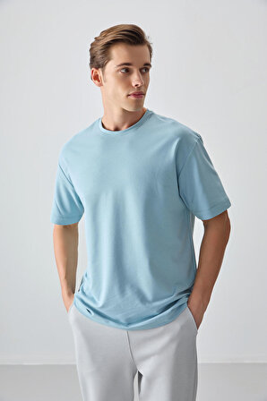 Açık Mavi Pamuklu Kalın Yumuşak Dokulu Oversize Fit Basic Erkek T- Shirt - 88377 | XL