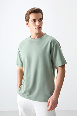 Açık Yeşil Pamuklu Kalın Yumuşak Dokulu Oversize Fit Basic Erkek T-Shirt - 88377 | XL