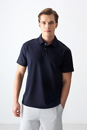 Lacivert Pamuklu Kalın Yumuşak Dokulu Polo Yaka Oversize Fit Basic Erkek T- Shirt - 88381