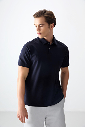 Lacivert Pamuklu Kalın Yumuşak Dokulu Polo Yaka Oversize Fit Basic Erkek T- Shirt - 88381