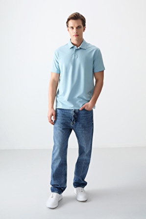 Açık Mavi Pamuklu Kalın Yumuşak Dokulu Polo Yaka Oversize Fit Basic Erkek T- Shirt - 88381
