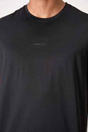 Siyah Polyester Nefes Alan Dokulu İnce Esnek Standart Fit Erkek Performans T-Shirt - 88384