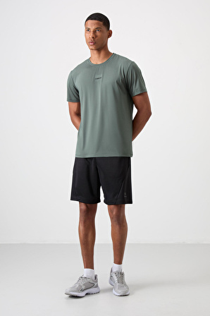 Haki Polyester Nefes Alan Dokulu İnce Esnek Standart Fit Erkek Performans T-Shirt - 88384