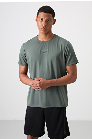 Haki Polyester Nefes Alan Dokulu İnce Esnek Standart Fit Erkek Performans T-Shirt - 88384