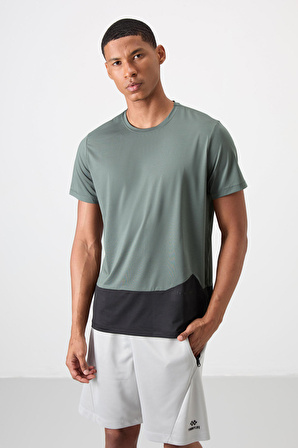 Haki Polyester Nefes Alan Dokulu İnce Esnek Standart Fit Erkek Performans T-Shirt - 88383