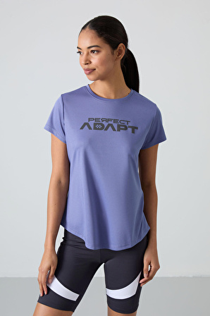 Eflatun Polyester Nefes Alan Dokulu İnce Esnek Standart Fit Performans Kadın T-Shirt - 97283