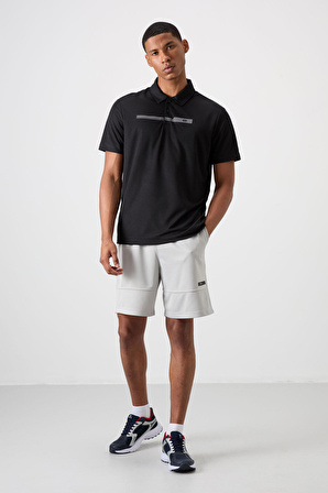 Siyah Polyester Nefes Alan Dokulu İnce Esnek Standart Fit Polo Yaka Erkek Performans T-Shirt - 88393