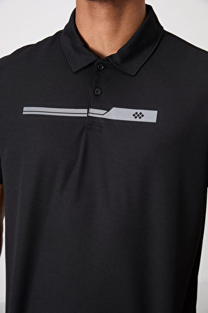 Siyah Polyester Nefes Alan Dokulu İnce Esnek Standart Fit Polo Yaka Erkek Performans T-Shirt - 88393