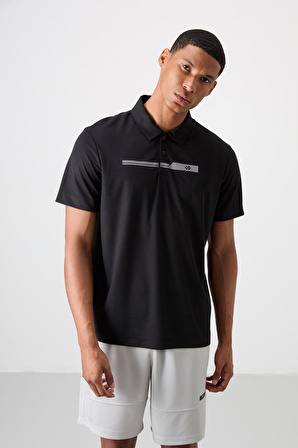 Siyah Polyester Nefes Alan Dokulu İnce Esnek Standart Fit Polo Yaka Erkek Performans T-Shirt - 88393