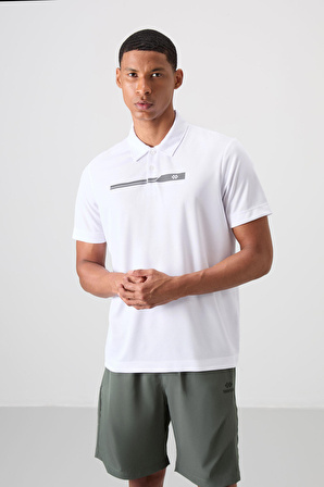 Beyaz Polyester Nefes Alan Dokulu İnce Esnek Standart Fit Polo Yaka Erkek Performans T-Shirt - 88393