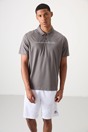 Koyu Gri Polyester Nefes Alan Dokulu İnce Esnek Standart Fit Polo Yaka Erkek Performans T-Shirt - 88393