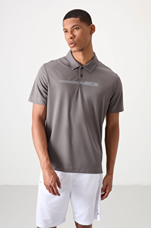 Koyu Gri Polyester Nefes Alan Dokulu İnce Esnek Standart Fit Polo Yaka Erkek Performans T-Shirt - 88393
