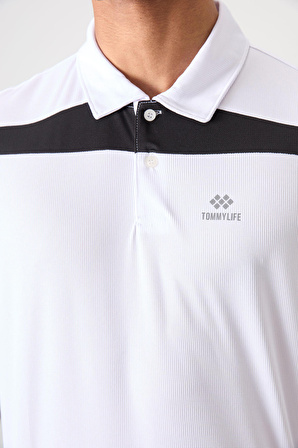 Beyaz Polyester Nefes Alan Dokulu İnce Esnek Standart Fit Polo Yaka Erkek Performans T-Shirt - 88392