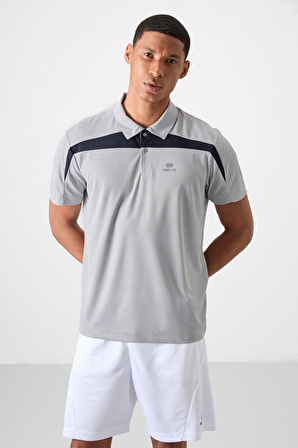 Gri Polyester Nefes Alan Dokulu İnce Esnek Standart Fit Polo Yaka Erkek Performans T-Shirt - 88392
