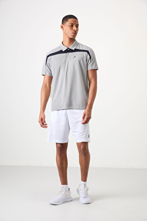 Gri Polyester Nefes Alan Dokulu İnce Esnek Standart Fit Polo Yaka Erkek Performans T-Shirt - 88392