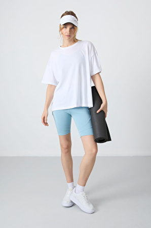 Beyaz Penye Modal Yumuşak Tuşeli Oversize Fit Basic Kadın T-Shirt- 97285