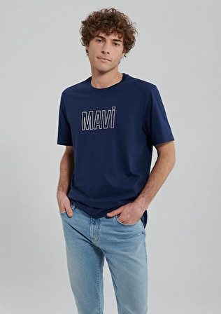 M066842-70758 Mavi Erkek Mavi Logo T-Shirt Derin Lacivert