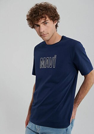 M066842-70758 Mavi Erkek Mavi Logo T-Shirt Derin Lacivert