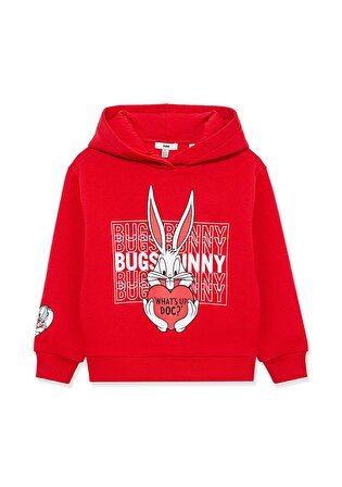 Bugs Bunny Baskılı Kapüşonlu Kırmızı Sweatshirt 7S10036-70471