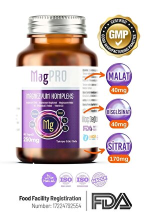 Magnezyum (SİTRAT, MALAT, BİSGLİSİNAT) Complex 250 Mg Vitamin B6 & Vitamin D3 Kompleks (60 KAPSÜL)