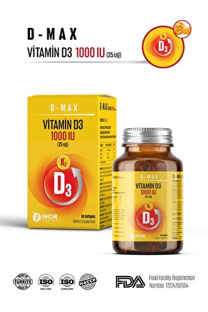 D-max Vitamin D3k2 Vitamin C Içerikli 30 Adet Soft Jel Kapsül Yüksek Emilim Düzeyine Sahip Formül