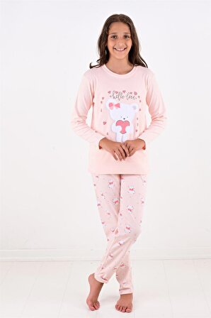 Kız Çocuk Uzun Kollu Fiyonklu Ayıcık Model Pijama Takımı