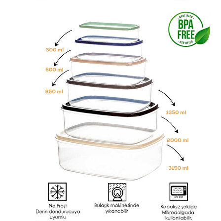 Porsima 1002 6 lı Dikdörtgen Plastik Saklama Kabı - Çok Amaçlı Gıda Erzak Saklama Kabı Seti