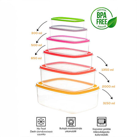 Porsima 1003 6 lı Dikdörtgen Plastik Saklama Kabı - Çok Amaçlı Gıda Erzak Saklama Kabı Seti