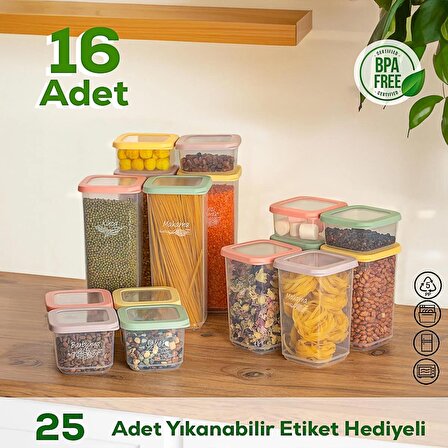 Porsima 1034 16 Lı Etiketli Renkli Kapaklı Plastik Gıda Erzak Saklama Kabı 4x(360-500-1100-1700)cc Şeffaf