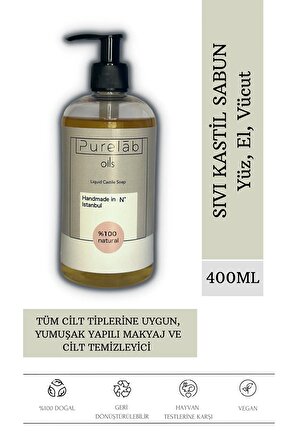 Sıvı Kastil Sabun %100 Doğal Zeytinyağlı Yoğun Nemlendirici Arındırıcı Bitkisel Vegan Sabun 400 ml