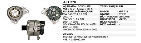 ALTERNATÖR 12V 110A VW CADDY III 1.9TDI 03-- GOLF I POLO 1.4 FSI 01-05 SKODA OCTAVIA 00-03 BOSCH TIP - 019.009.ALT278