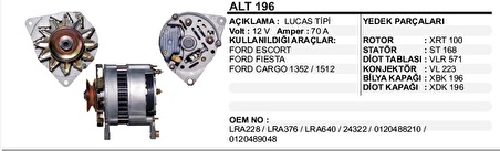 ALTERNATÖR 12V 70A FORD ESCORT TAUNUS -FIESTA-KARGO 1352-1512 LUCAS TIP - ALT196