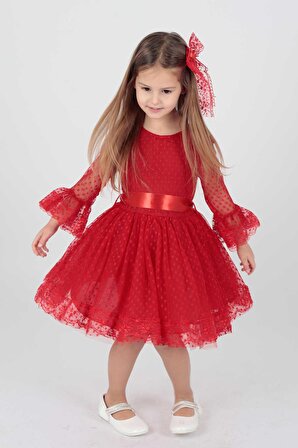 Kız Çocuk Tokalı ve Tül Dantel Günlük Trend Elbise Ak2209