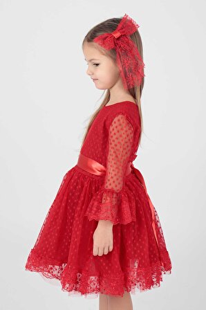 Kız Çocuk Tokalı ve Tül Dantel Günlük Trend Elbise Ak2209