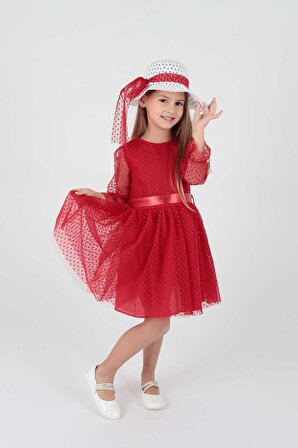 Kız Çocuk Şapkalı ve Tül Dantel Trend Elbise Ak2228