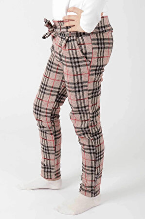 Kız Çocuk Ekoseli Kuşaklı Trend Pantolon Ak2201