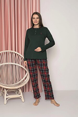 Kadın Pijama Takımı Genç İnterlok Altı Ekoseli Pamuklu Mevsimlik W20382247