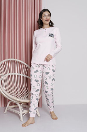 Kadın Pijama Takımı Genç İnterlok Kedi Desenli Paça Ribanalı Pamuklu Mevsimlik W20492256