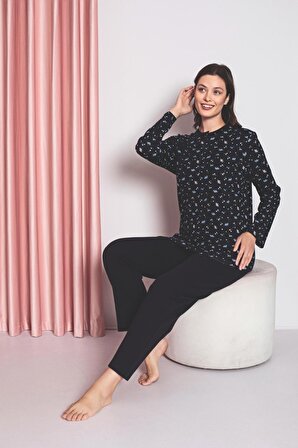 Kadın Pijama Takımı Anne İnterlok Üç Düğmeli Üst Çıtır Desen Pamuklu Mevsimlik W30022257