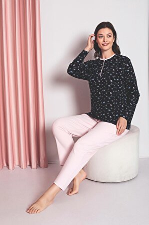 Kadın Pijama Takımı Anne İnterlok Üç Düğmeli Üst Çıtır Desen Pamuklu Mevsimlik W30022257