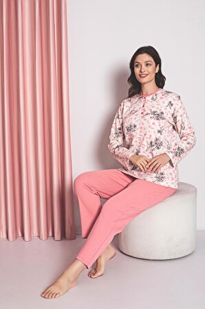 Kadın Pijama Takımı Anne İnterlok  Üç Düğmeli Üst Çiçek Desen Pamuklu Mevsimlik W30032258