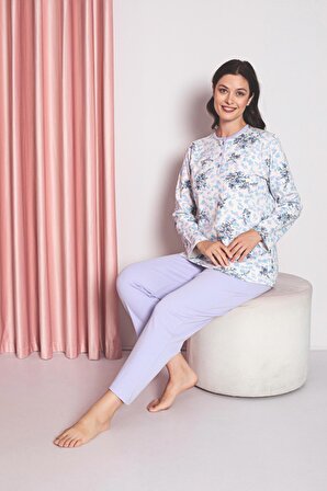 Kadın Pijama Takımı Anne İnterlok  Üç Düğmeli Üst Çiçek Desen Pamuklu Mevsimlik W30032258