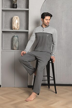 Erkek Pijama Takımı İnterlok Önü Parçalı Pamuklu Mevsimlik M70032265